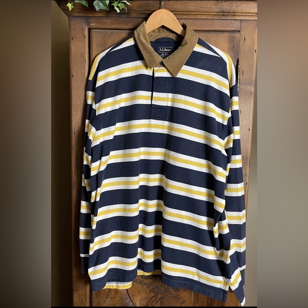 L.L. Bean Navy, Mustard & White Striped Long-Sleeve Button Down Shirt